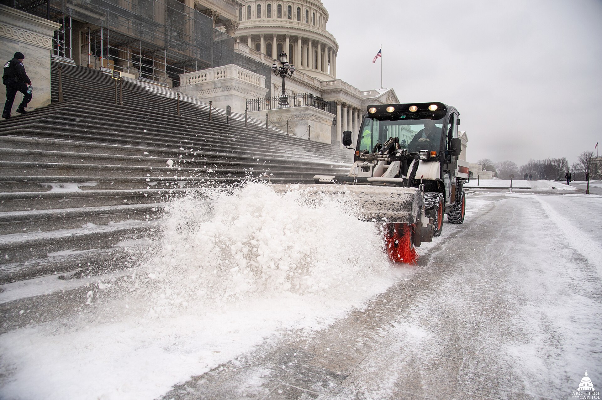 AOC crew members remove snow at the U.S. Capitol on February 1, 2019. This official Architect of the Capitol photograph is being made available for educational, scholarly, news or
